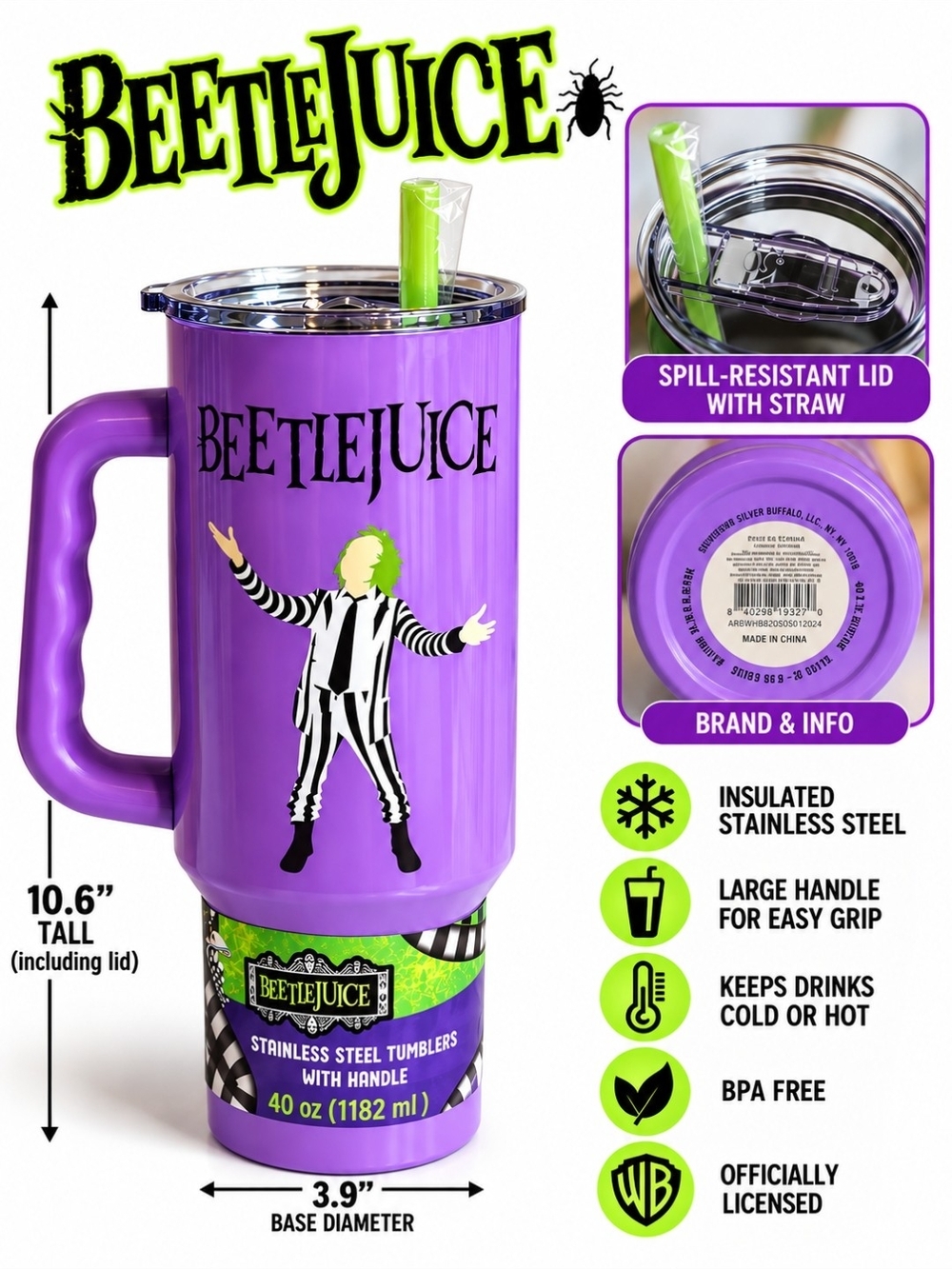 Warner Bros. Beetlejuice Purple Insulated Tumbler with Green Straw